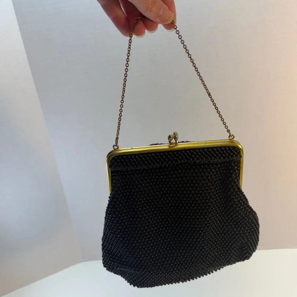 Beaded Evening Bag Small Black Vintage Kiss Lock Frame Purse Retro Glam Coquette